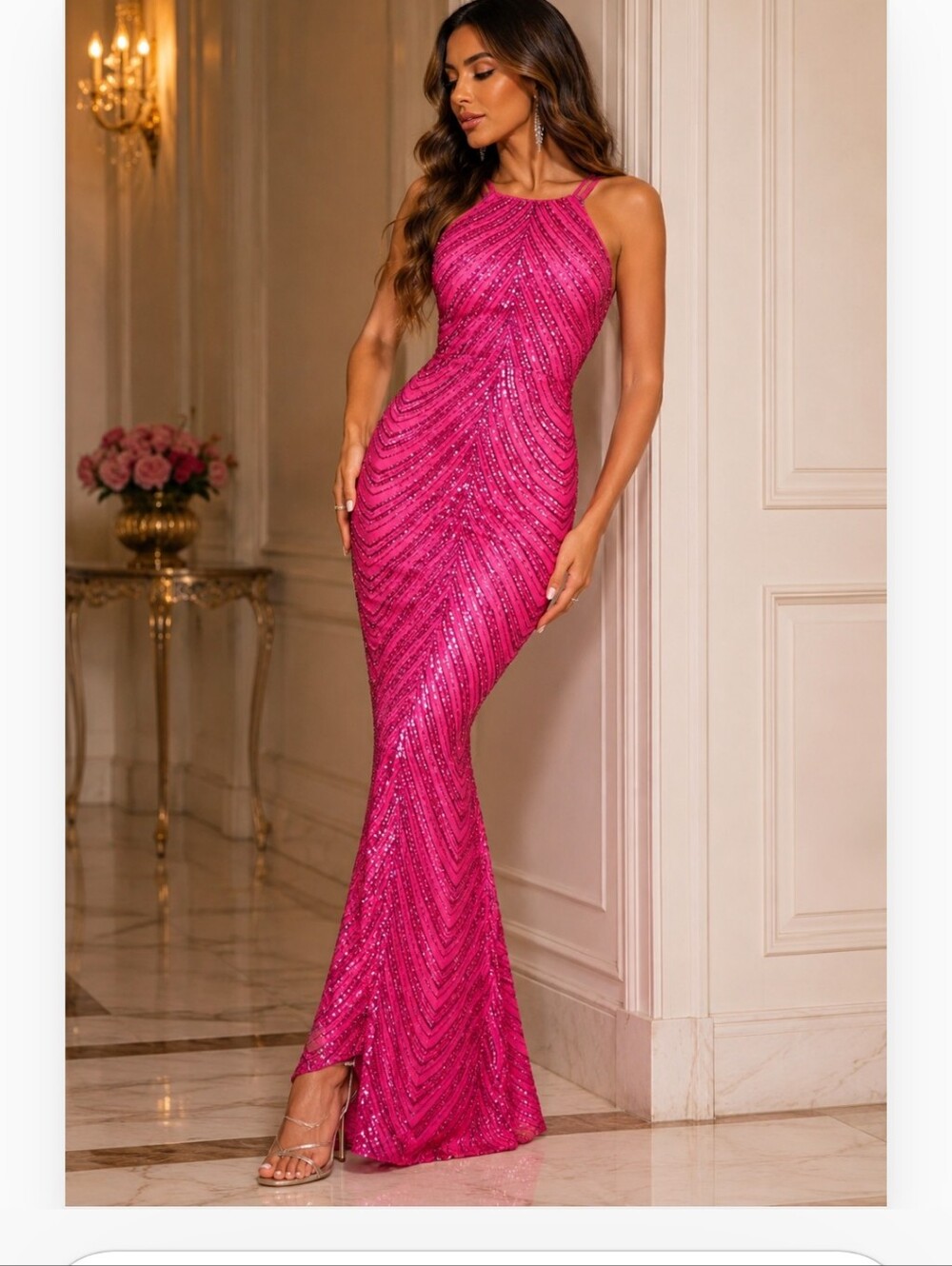 Stunning Fuchsia Full Sequin Halter Evening Gown Soft Fabric Stretchable